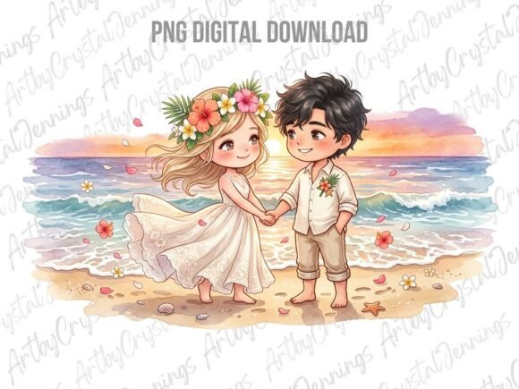 Charming Beach Wedding Chibi Couple: Your Next Favorite Design Asset