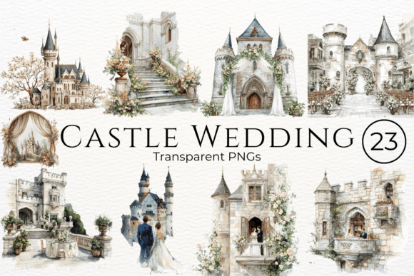 Enchanting Castle Wedding Watercolor Clipart for Creative Projects