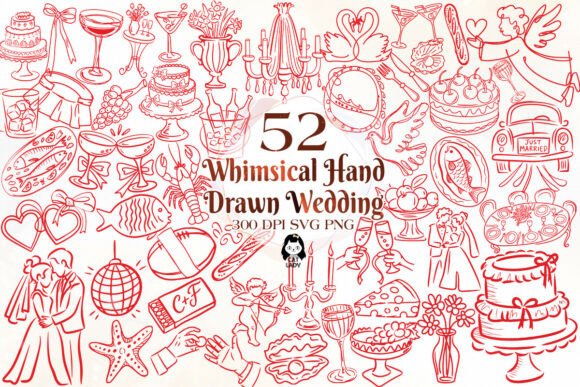 Whimsical Hand Drawn Wedding SVG & PNG: 52 Design Assets